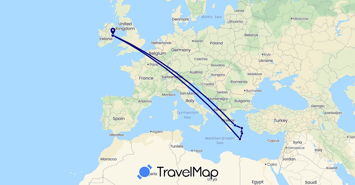 TravelMap itinerary: driving in Greece, Ireland (Europe)